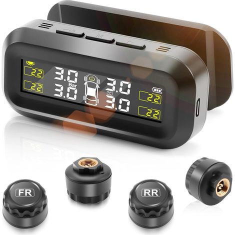 SystèMe De Surveillance La Pression Des Pneus Tpms Solaire USB, Moniteur avec Chargement USB 4 Capteur Pneu 5 Modes D’Alarme Pour les Voitures Rvs Vans - (1/5)