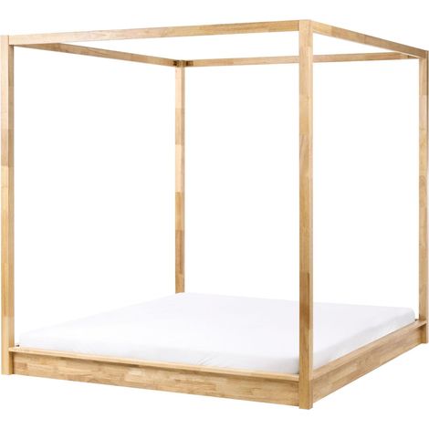 Canopy Bed Light Brown Wooden EU Super King Size 6ft Minimalist Design HERLIERE