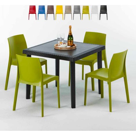 Grand Soleil – Ensemble table carrée noire 90x90cm avec 4 chaises empilables en polypropylène – Résistant aux intempéries – Design Made in Italy