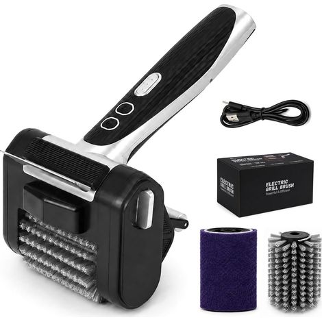 Brosse Barbecue Électrique sans Fil, 450+ TR/Min, LED, 4000 mAh Recharge USB-C, tête inox amovible, rouleau aluminium et pare-éclaboussures pour grilles de barbecue refroidies. (1/5)