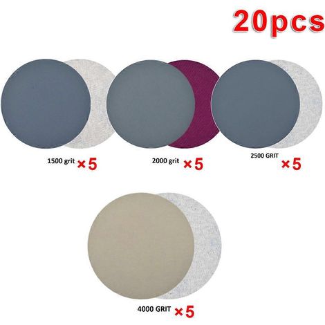 Lot de 20 disques de papier de verre à crochets auto-agrippants, 7,6 cm (3 pouces), grains 1500, 2000, 2500 et 4000, pour le ponçage à l'eau du bois et autres travaux de menuiserie. (1/4)