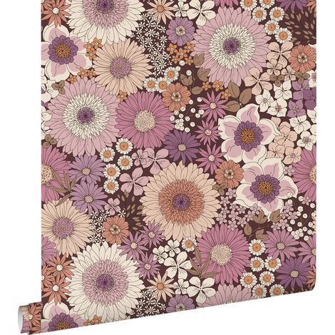 papier peint fleurs rétro mauve violet et rose terracotta - ESTAhome