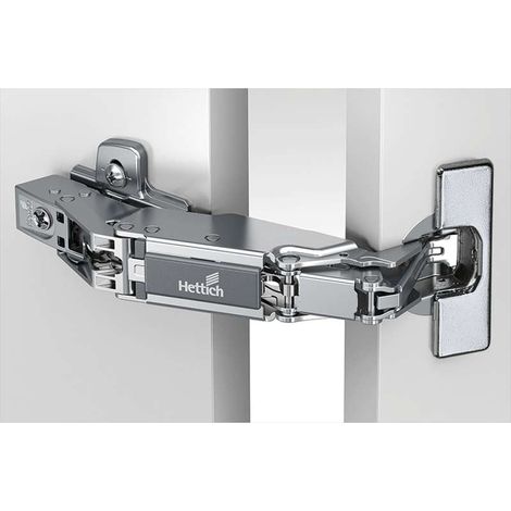 Hettich – Charnière invisible clipsable 165° – Acier nickelé – Entraxe 52 mm – Diamètre boîtier 35 mm – Épaisseur porte 15-32 mm – Réglage latéral +/- 2 mm