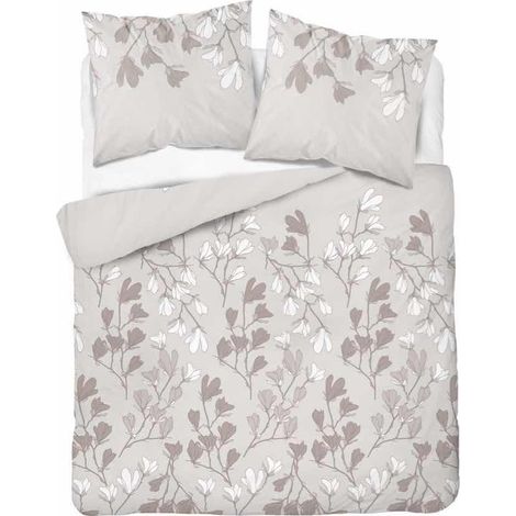 Parure de lit en flanelle 220x200 cm, motif fleurs claires sur fond beige (1/4)