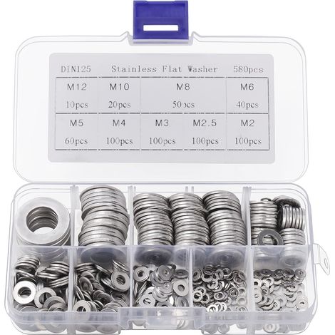 CCYKXA Rondelle Inox avec Boîte de Rangement (Lot de 580) - Assortiment de 9 Tailles M2, M2.5, M3, M4, M5, M6, M8, M10 & M12 - Lot de Rondelles Métal - Réparations, Usines & Décoration Intérieure (1/5)
