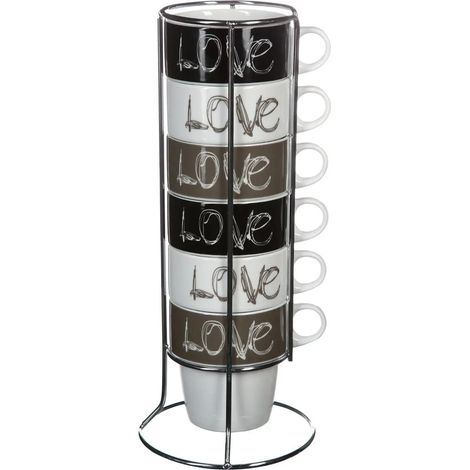 Mug Love - Lot de 6 - 26cL - 13 x 13 x 30 cm - Porcelaine - Marron et blanc - Livraison gratuite