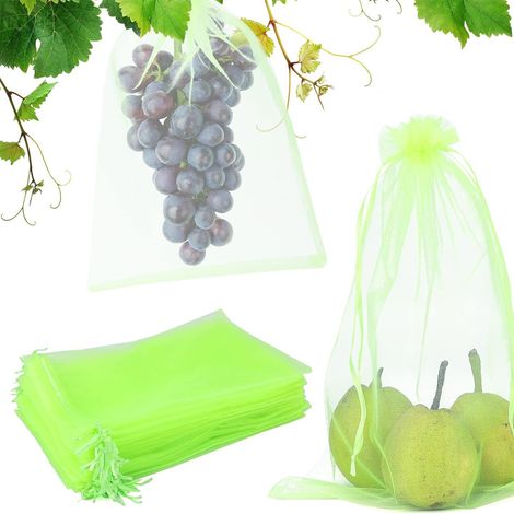 Sac Protection Fruits 100 Pièces, Sachet Protection Raisin 20x 30cm Jardin Sac Organza avec Cordon Contre Guêpe Drosophile Scarabées Oiseaux (Vert Mousse) (1/5)
