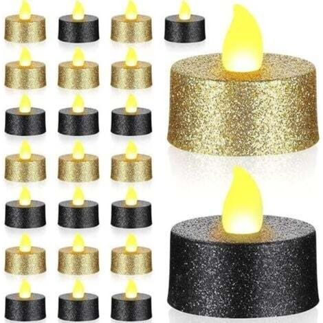 [JAMAIS UTILISÉ] 24 Pièces Bougies Chauffe-Plat LED à Paillettes Dorées Bougies sans Flamme Noires Bougies Chauffe-Plat Votives à Piles avec Lumière Jaune Chaude pour Noël Mariage Centre Table Anniver (1/4)