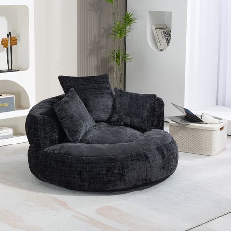 Chenille Lazy Sofa Chair - High Back Lounger with 3 Pillows, Indoor/Outdoor (Black) (1/5)