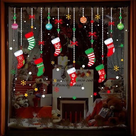 Décorations de Noël à suspendre : chaussettes et ornements – Autocollants statiques amovibles pour fenêtres, salon, chambre, vitrines, décorations de Noël à faire soi-même et articles de fête de Noël (1/5)