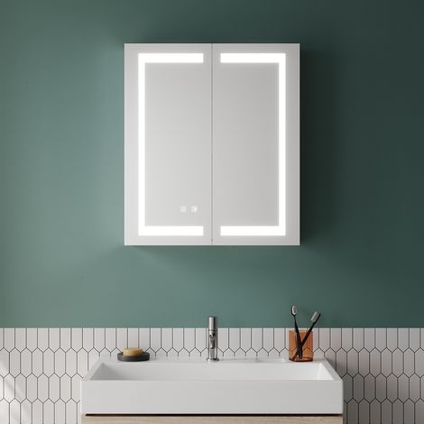 SONNI Edelstahl LED Spiegelschrank mit Beleuchtung 3 Lichtfarben Dimmbar, Badschrank Spiegel 60x70cm,Touch+Steckdose+Beschlagfrei,Drahtloses Scharnier Design (1/5)