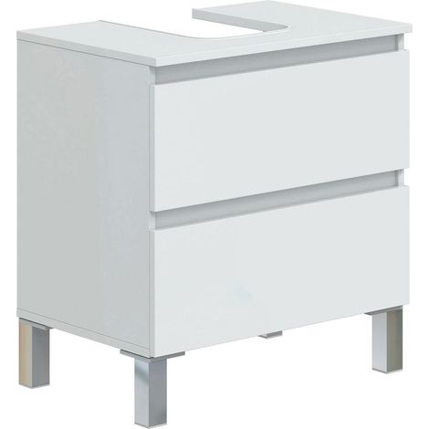 Mobile Bagno Sotto Lavabo Da Appoggio 2 Cassetti Salvaspazio Con Guide Metalliche E Gambe In Alluminio Design Moderno Minimal Ripostiglio Lavanderia 63.5 x 60 x 40 Cm Bianco Lucido (1/5)