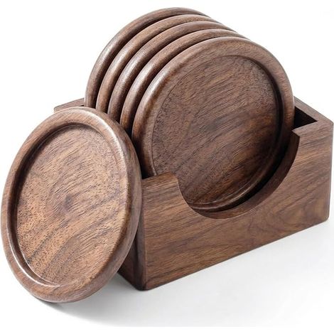 Dessous de Verre Noyer Ronds Tasses Verres Coaster Bois avec Support Rangement Résistant Chaleur Dimensions: ø 10 cm (1/5)