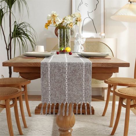 Camino de mesa estilo campestre con borlas, Largo 200 cm, como decoración de tocador y como decoración de comedor (33 x 200 cm) (1/5)