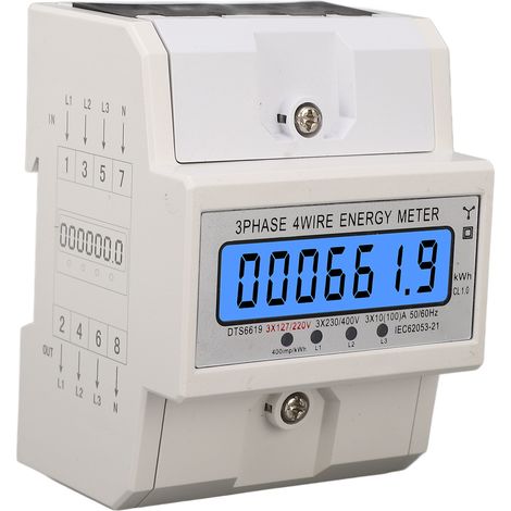 Compteur d'énergie numérique triphasé 4 fils kWh/wattmètre, montage sur rail DIN, écran LCD rétroéclairé, 3 x 127/220 V CA, 10-100 A