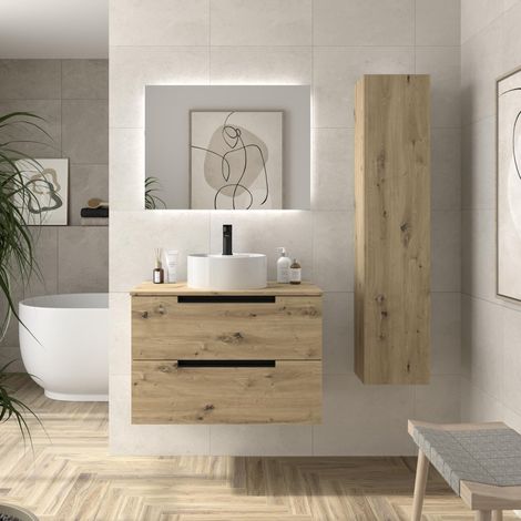 Mueble de Baño LENI 80cm Roble 2 cajones Lavabo sobre encimera 1 poza Porcelana (1/5)