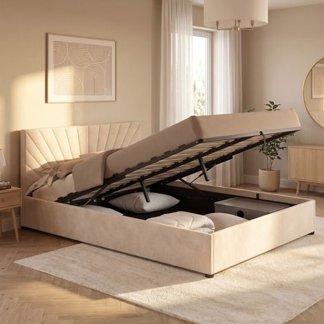 Cama doble con cajones SUNLIGHT, con cabecero acolchado y somier de 140 x 190 cm, en terciopelo beige (1/5)