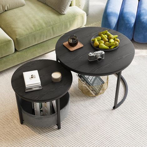 Ensemble de 2 tables basses rondes gigognes, style industriel, piètement métal et plateau bois, avec rangement latéral, gain d'espace pour séjour ou salon. (1/5)