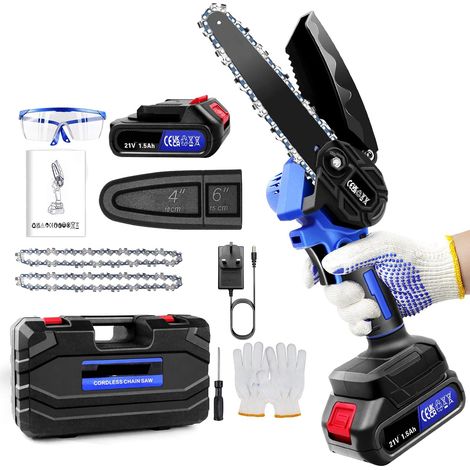 6-Zoll-Mini-Kettensäge (Akku-Betrieb) – Elektrische Kettensäge mit 1,5-Ah-Akku zum Schneiden von Ästen und Holz, inklusive Sicherheitssperre und Schutzabdeckung (1/5)