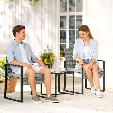 Muebles de jardín de ratán 2 plazas, acero, gris claro, con cojines desenfundables y mesa de cristal (1/5)