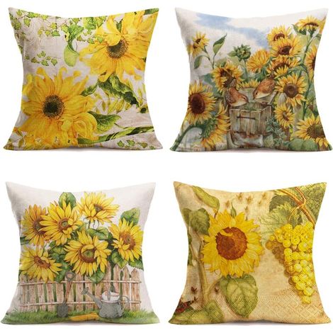 Housses de coussin décoratives vintage jaune tournesol, en coton et lin, carrées (45,7 x 45,7 cm), lot de 4 (motif tournesol).