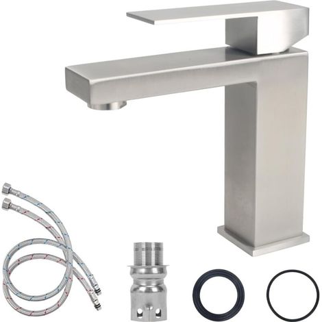 Robinet Salle Bain Acier Inoxydable, Mitigeur Lavabo avec Tuyau, Poignée Unique Robinet Lavabo Salle de Bain, Robinets Lave Main Eau Chaude et Froide pour Cuisine (Brossé) (1/5)