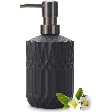 Distributeurs de Savon en Verre pour Cuisine, Salle de Bain, Distributeur de Lotion avec Pompe en Plastique ABS 390ml (Noir)'Noir'Noir'-