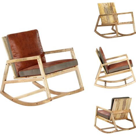 Chaise à bascule Marron Cuir véritable et manguier massif - Chaise À Bascule - Fauteuil À Bascule - Fauteuil Confortable - Mobilier De Salon - Décoration Intérieure (1/5)