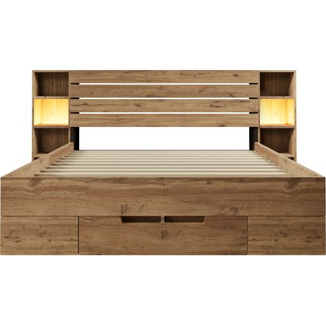 Doppelbett 160x200 cm mit Stauraum, LED, USB- und USB-C-Anschlüssen, Eiche, MODENUIT (1/5)