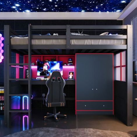 Lit mezzanine, lit enfant, 90 x 200 cm, avec échelle, table, armoire et tiroirs, lit simple style gamer, noir et rouge (1/5)