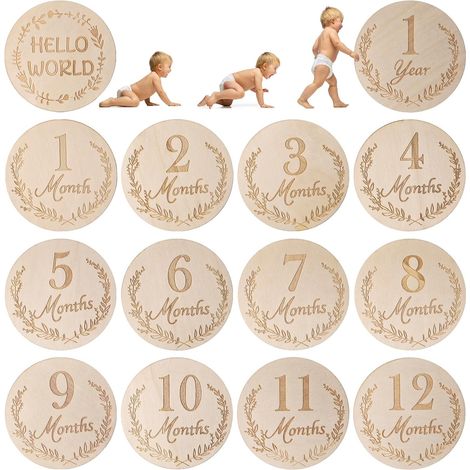 Tarjetas de madera para registrar los hitos del bebé, 14 tarjetas mensuales desde el nacimiento hasta el primer año. Registra los meses de embarazo y el primer año. Regalo ideal para nacimientos y bau (1/5)