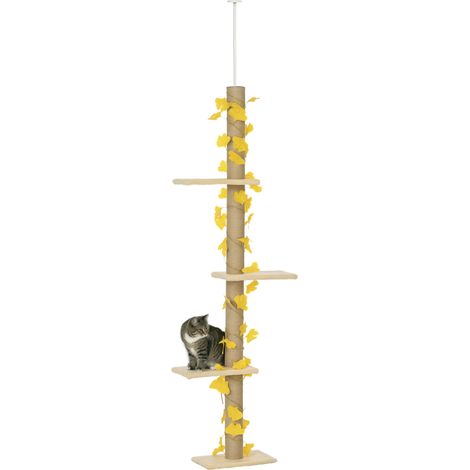 PawHut 242cm Adjustable Floor-To-Ceiling Cat Tower w/ Anti-Slip Kit Yellow