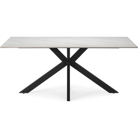 Table à manger, table de repas rectangulaire en céramique coloris blanc, pieds en métal noir - Longueur 180 x Profondeur 90 x Hauteur 76 cm (1/5)
