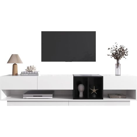 TV-Schrank, Lowboard, Kombination in Hochglanz-Weiß und Schwarz. Farbblockierendes Design, Schubladen, Fächer, mehrere Stauräume