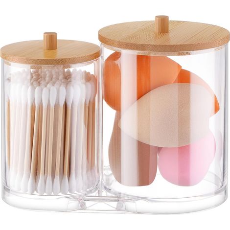 2 in 1 Distributeur Coton Tige, Acrylique Boite Coton Tige Qtip Ensemble Fil Dentaire Conteneurs D'apothicaire De Salle De Bain Avec Couvercles Pour Organiseur De Maquillage (1/5)