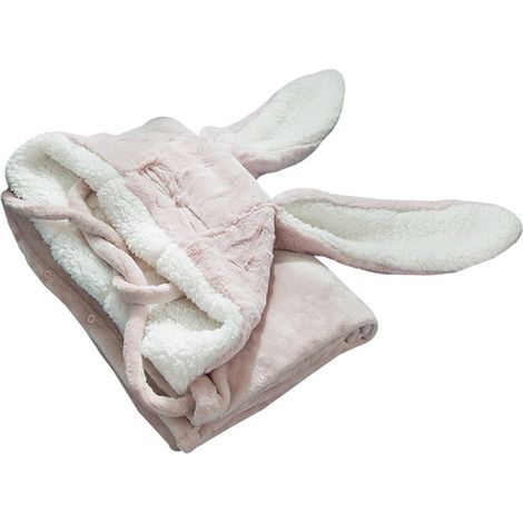 Couverture à capuche portable en polyester peluche oreilles de lapin, douce et chaude, rose grande taille (1/5)