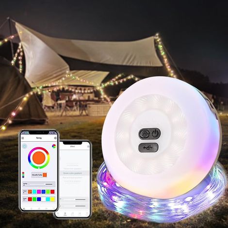 7m APP-Steuerung Camping Lichterkette, Tragbares LED Außenlichterketten,Lademodus RGB-Farblicht, IP67 wasserdicht Zeltleuchte für Camping, Gärten, Balkone, Partys und festliche Dekorationen