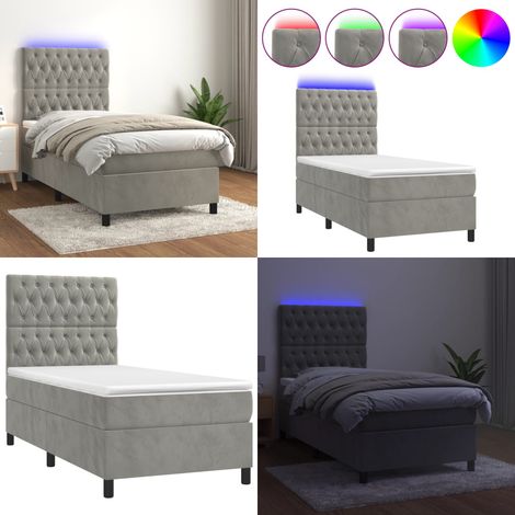 Cama box spring colchón y LED terciopelo gris claro 90x190 cm - Colchón con LED - Cama box spring