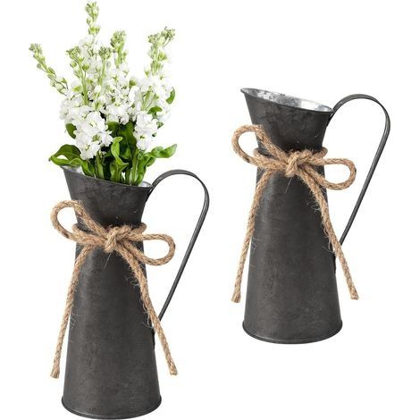 Lot de 2 vases à fleurs, pot à lait, en métal, style maison de campagne, décoration rustique, rétro, shabby chic, vintage, pot de fleurs en fer pour décoration de mariage, jardin, tab (1/5)