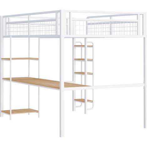 Cama alta de metal 140 x 200 cm blanca con escalera, escritorio y estantes (1/5)