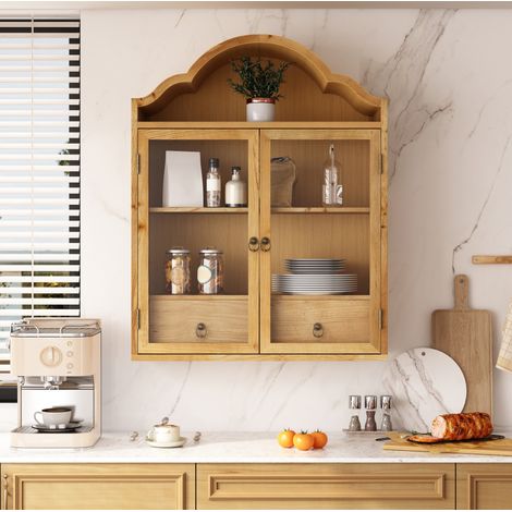 Wandschrank (60x22x76.5 cm), mit geschwungenem Oberteil, verstellbaren Einlegeböden, Massivholz, Natur (1/5)