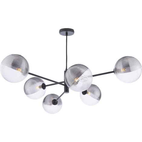 Dar Vignette Suspension Vignette à 6 lumières, noir mat, verre côtelé fumé/transparent