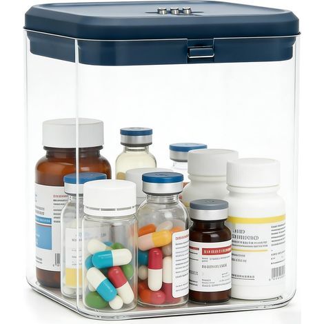 Boîte de rangement verrouillable pour médicaments. 14.1 x 14.1 x 16 cm. petite boîte transparente verrouillable avec serrure à combinaison pour médicaments. cuisine. maison. école. bureau (1/5)