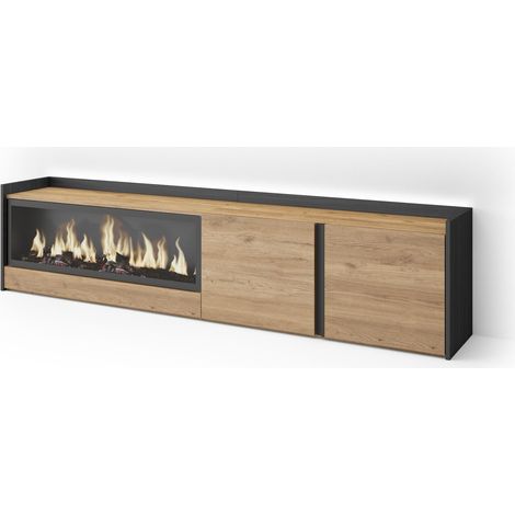 Skraut Home - Mueble TV, Televisión, Muebles de salón, almacenaje, 212x35x50cm, Para TV hasta 80", Chimenea eléctrica XXL, LED, Estilo Moderno, Roble y negro (1/5)