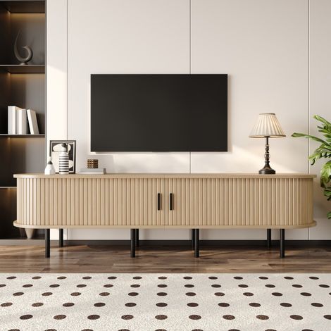Meuble TV elliptique 170x40x46cm - Design rainuré avec portes coulissantes et niches - MDF et Pieds métal Noir - Naturel (1/5)