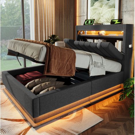 Bett 90x200 cm gepolstert in Grau mit Leinen, Stauraum-Kopfteil, LED und hydraulischem Bettkasten (1/5)