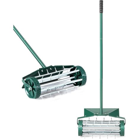 COSTWAY Rasenlüfter Walze, Rasenrolle mit Stiel & 3cm Nägeln & Spritzschutz, Handvertikutierer rollend, Rasenbelüfter manuell, Vertikutierer Rasenwalze Garten Hof Rasen, 46 x 23 x 127 cm, Grün