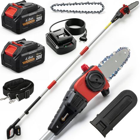 Tronçonneuse électrique avec rallonge de 1,94 à 2,56 m, 2 batteries de 4,0 Ah, chargeur, double verrouillage et lubrification automatique.