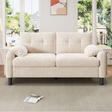 Sofá de 2 plazas 158x80x88.5 cm beige en chenilla con cojines gruesos y bolsillos laterales (1/5)