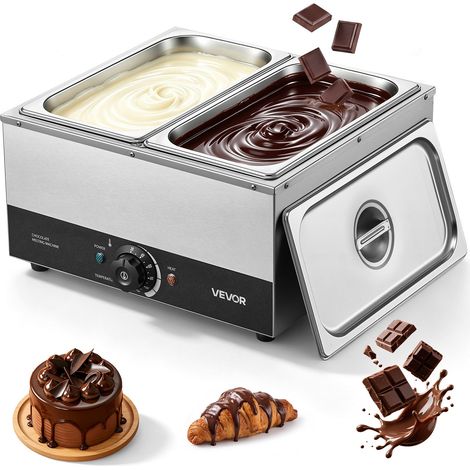 Fondoir à Chocolat au Bain Marie, 2 Cuves, 1200 W, Capacité 8,2 kg, pour Beurre Fromage Lait Sauces Chocolaterie, Usage Professionnel, Chauffe Chocolat avec Température 30-85 °C, Corps en Inox (1/5)